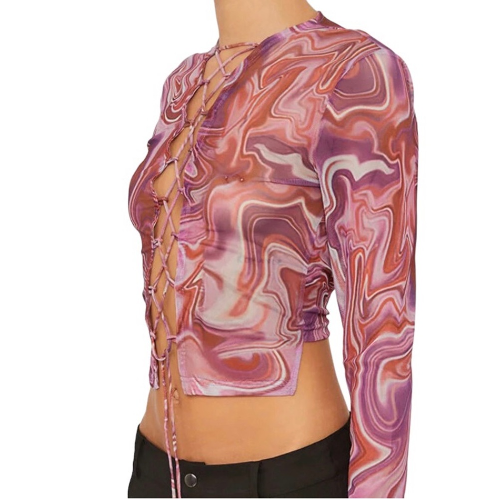 NEW Sheer Mesh Lace Up Top